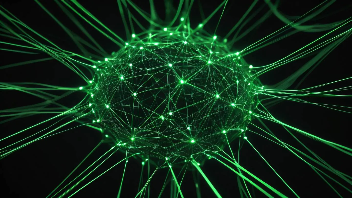 A futuristic abstract network of glowing threads and nodes forming interconnected pathways against a deep black background. Dominant colors: neon green and off-white. Shot from a top-down perspective with dramatic lighting. High-quality ultra-realistic cinematic 8K UHD high resolution sharp and detail