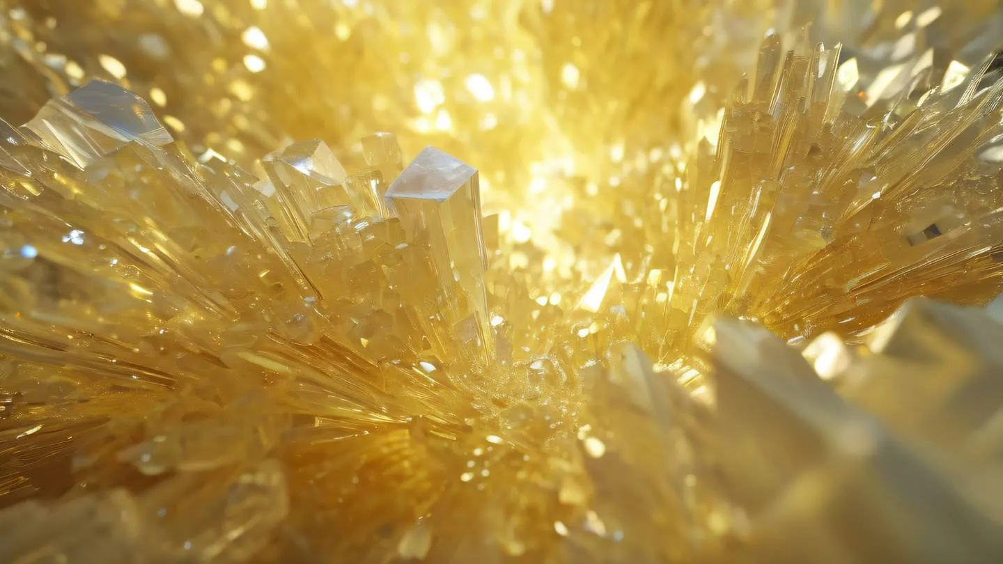 Abstract representation of layered crystalline structures floating in space symbolizing API layers. Colors: holographic and creamy yellow gradients swirling through the crystals. Captured from a slight low angle perspective. High-quality ultra-realistic cinematic 8K UHD high resolution sharp and detail