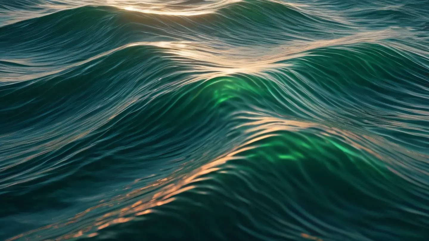 Geometric ocean waves made of flowing data streams and digital particles. Colors: bright rose gold and neon green creating a dynamic contrast. Captured from a bird's eye view perspective. High-quality ultra-realistic cinematic 8K UHD high resolution sharp and detail