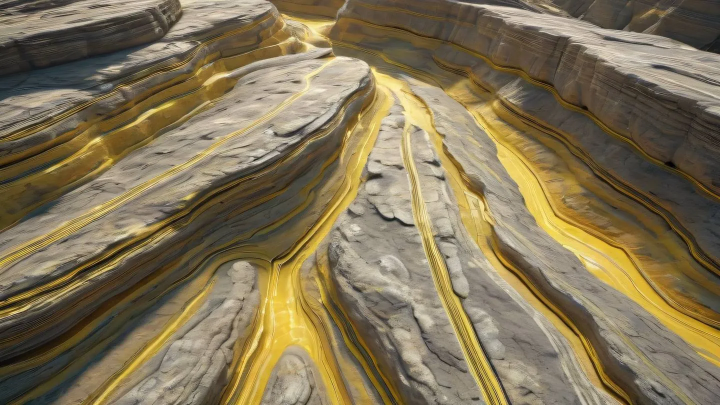 Abstract rocky formations with embedded circuit-like patterns suggesting a fusion of nature and technology. Colors: bright yellow and off-white with subtle holographic reflections. Shot from a dramatic diagonal angle. High-quality ultra-realistic cinematic 8K UHD high resolution sharp and detail