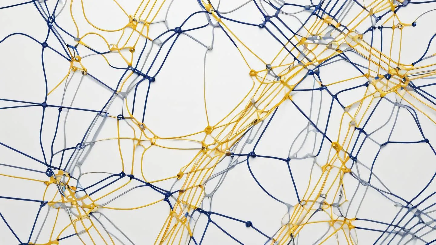 A minimalist abstract representation of interweaving paths and connections forming a network pattern rendered in indigo and butterscotch yellow colors against a clean white background shot from top-down perspective high-quality ultra-realistic cinematic 8K UHD high resolution sharp and detail