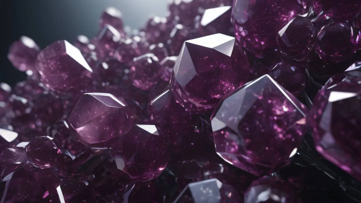 Abstract crystalline structures and geometric shapes symbolizing structure and organization featuring gem-like plum and gray colors with bright highlights shot from a dramatic low angle high-quality ultra-realistic cinematic 8K UHD high resolution sharp and detail