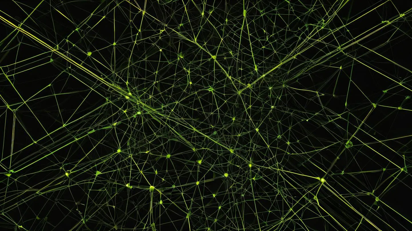 An abstract geometric pattern representing network routing with interconnected paths and nodes using lime green and bright amber colors on black background high contrast sharp lines viewed from top-down perspective high-quality ultra-realistic cinematic 8K UHD high resolution sharp and detail