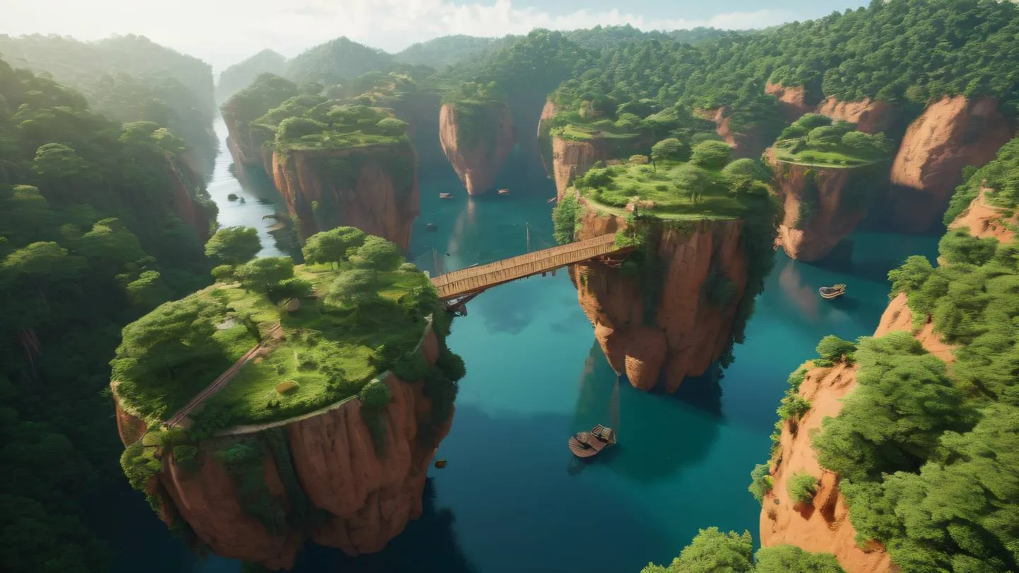 A serene landscape of interconnected floating islands in the sky with bridges connecting each island dominated by rustic terracotta and forest green colors captured from a low angle looking up high-quality ultra-realistic cinematic 8K UHD high resolution sharp and detail