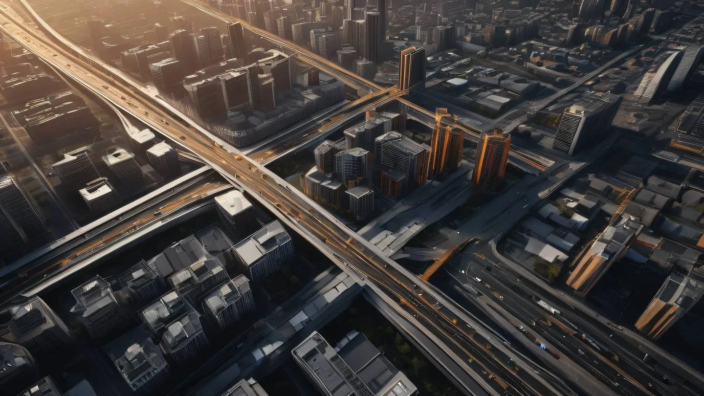 A minimalist cityscape with geometric buildings and connected pathways amber and black color scheme dramatic diagonal perspective from above high-quality ultra-realistic cinematic 8K UHD high resolution sharp and detail