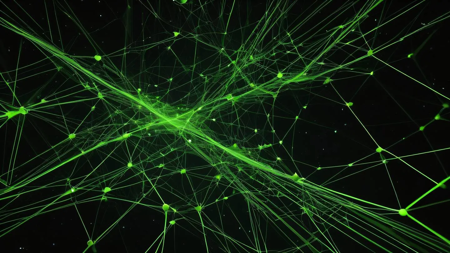 An abstract network of interconnected nodes and pathways floating in space using bright lime green colors against black background capturing a sense of depth with a wide-angle perspective high-quality ultra-realistic cinematic 8K UHD high resolution sharp and detail