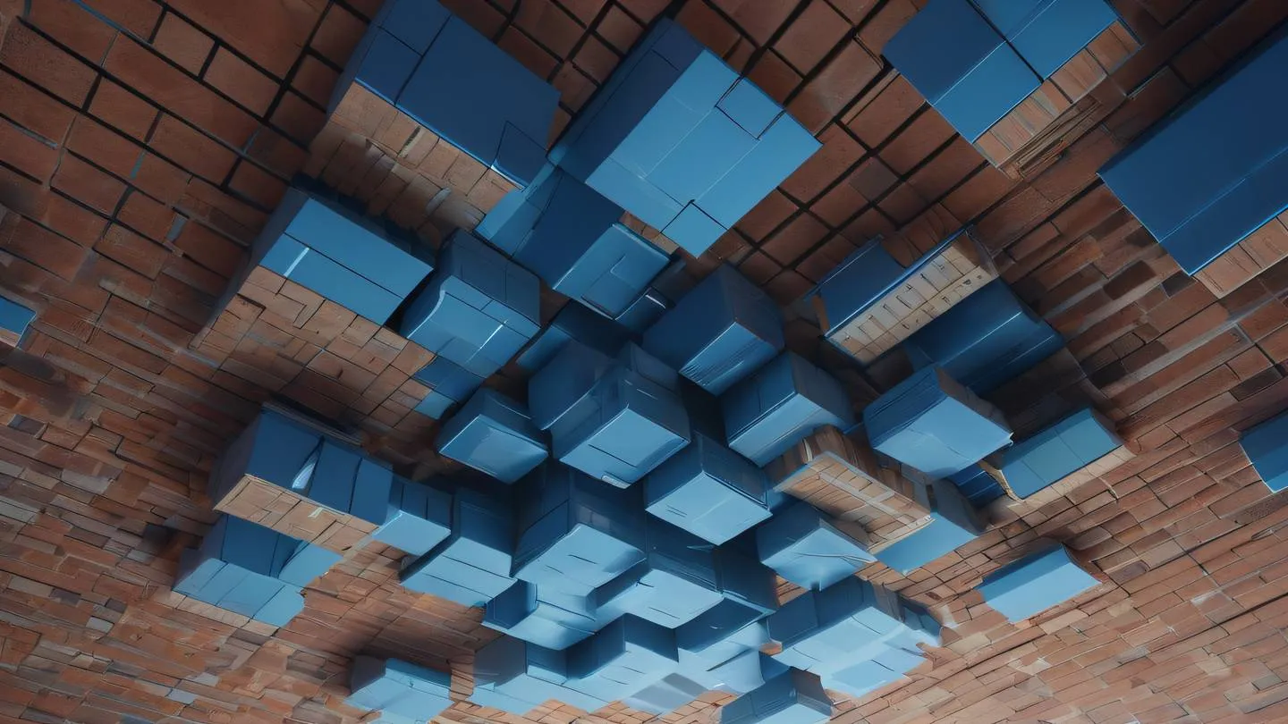 Abstract 3D visualization of stacked cubes representing data storage rendered in bright sun-washed brick and breezeway blue colors floating in space captured from a low angle perspective high-quality ultra-realistic cinematic 8K UHD high resolution sharp and detail