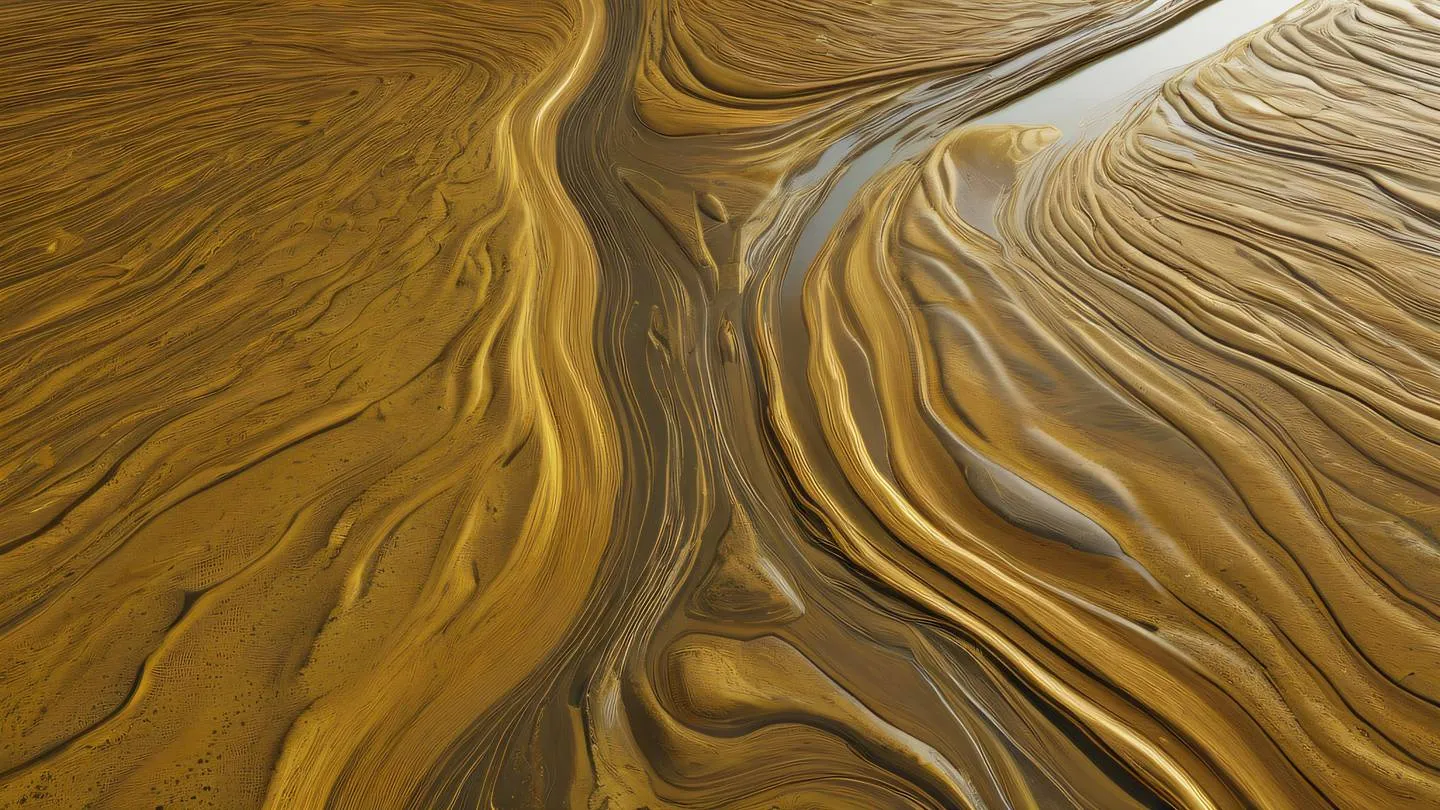 A flowing river of binary data represented by organic shapes and patterns colored in ochre and etched glass tones captured from a bird's eye view high-quality ultra-realistic cinematic 8K UHD high resolution sharp and detail