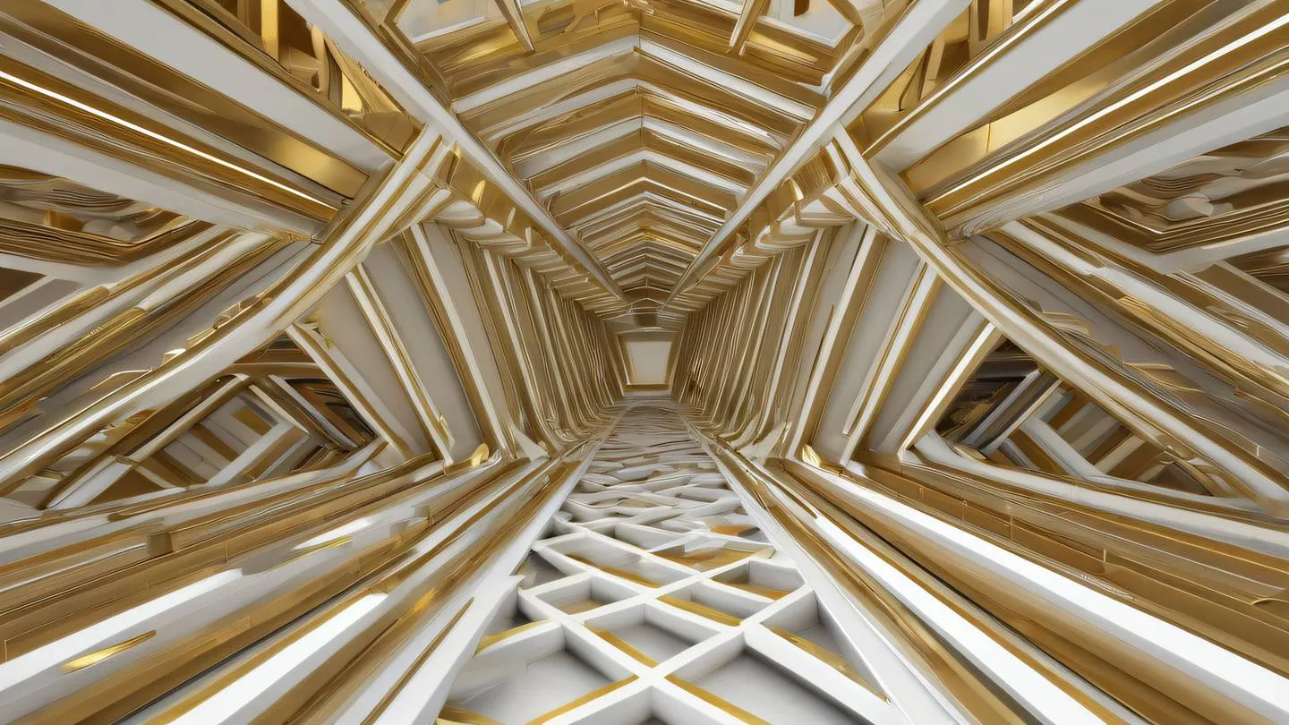 A dynamic composition of interconnected geometric shapes representing system architecture rendered in metallic gold and whisper white colors viewed from a dramatic upward angle high-quality ultra-realistic cinematic 8K UHD high resolution sharp and detail