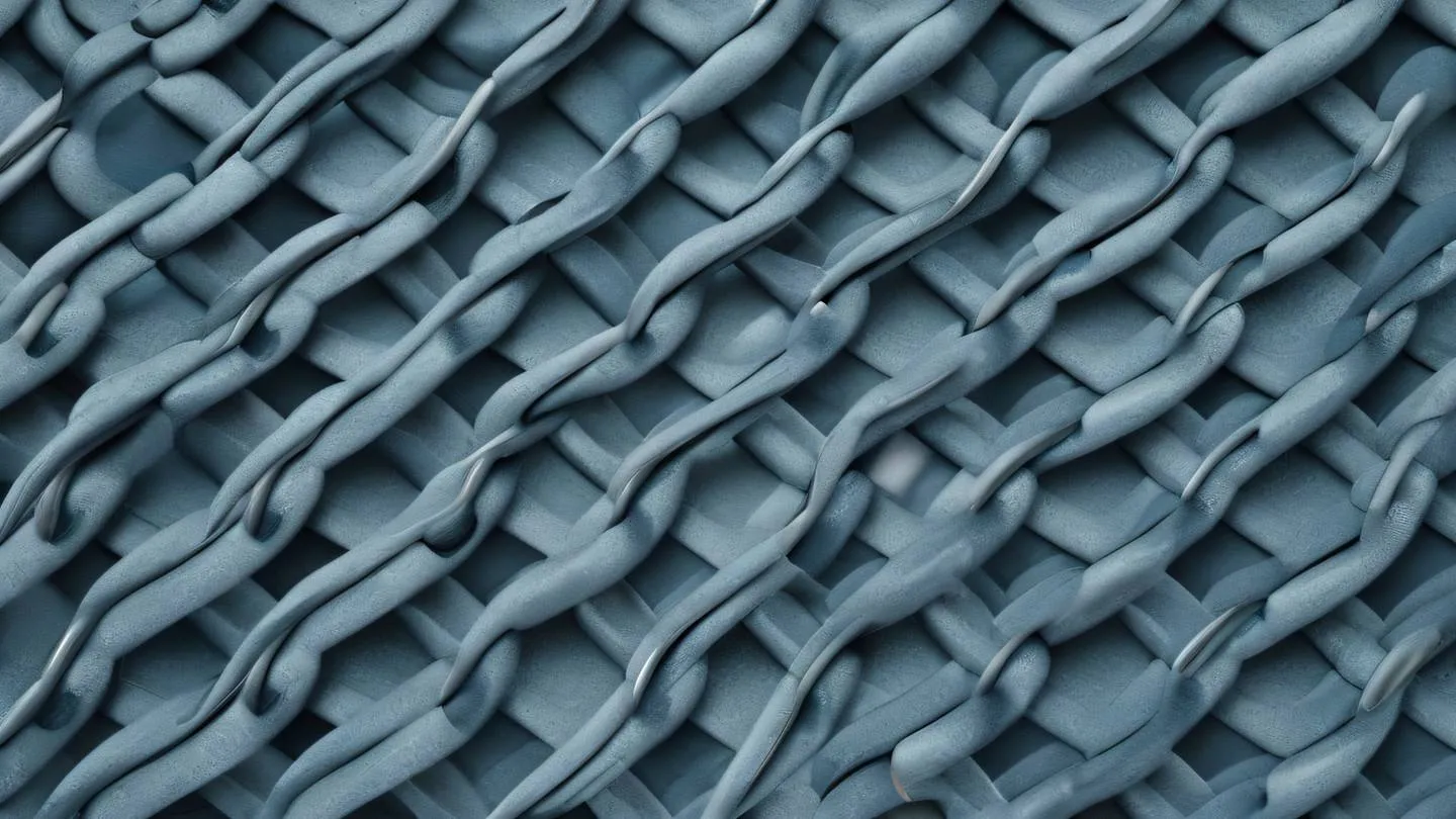 A abstract minimalist pattern representing interlocking chains and filters rendered in dusty blue and concrete colors with flowing geometric shapes shot from top-down perspective high-quality ultra-realistic cinematic 8K UHD high resolution sharp and detail