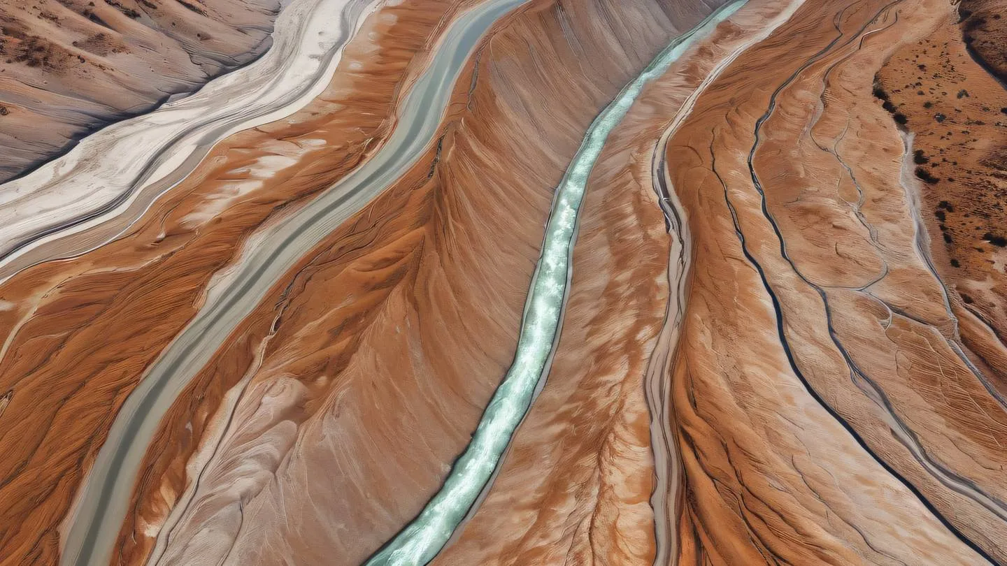 An abstract flowing river dividing into multiple channels then merging back together rendered in bright stone and clay colors captured from an aerial perspective high-quality ultra-realistic cinematic 8K UHD high resolution sharp and detail