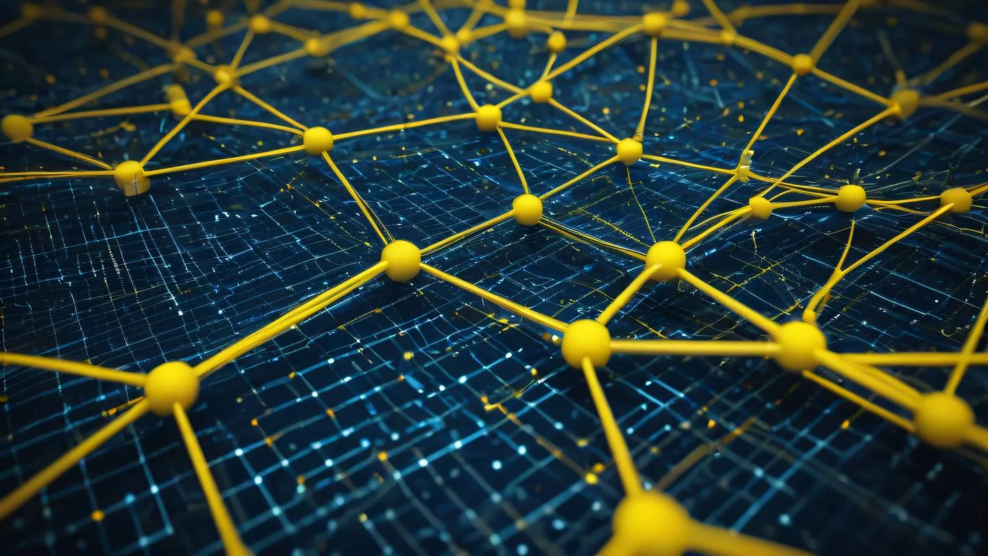 A dynamic abstract representation of network connections and data flow featuring interconnected geometric patterns in sunshine yellow and sapphire blue colors shot from a top-down perspective high-quality ultra-realistic cinematic 8K UHD high resolution sharp and detail