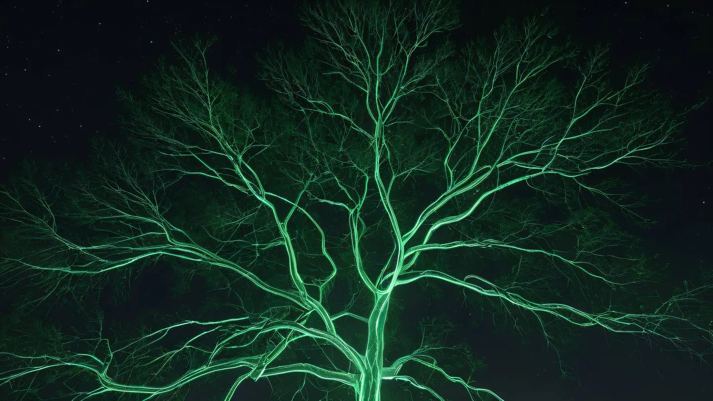 Abstract visualization of a tree structure branching out against a night sky rendered in fluorescent green and white colors captured from a low angle perspective looking up high-quality ultra-realistic cinematic 8K UHD high resolution sharp and detail