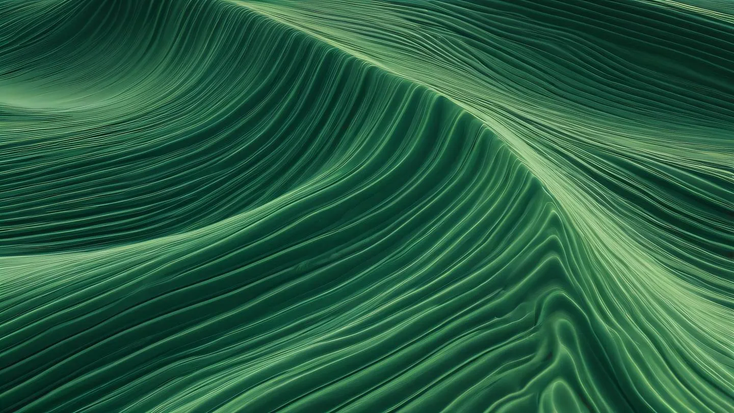 Abstract landscape of flowing energy waves and geometric shapes rendered in sage and pine green colors photographed from a bird's eye view high-quality ultra-realistic cinematic 8K UHD high resolution sharp and detail