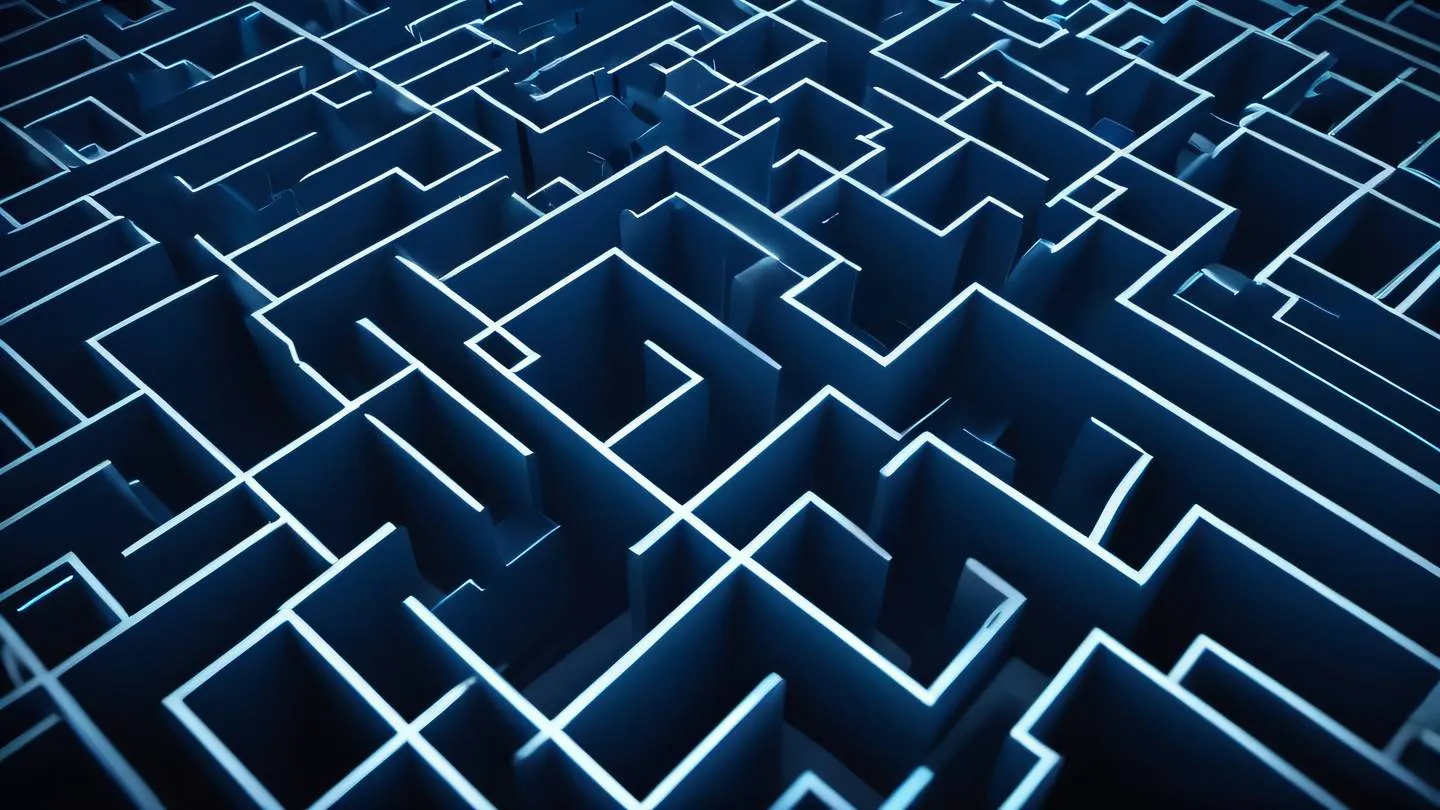 An abstract network of glowing blue and white interconnected pathways forming a maze-like pattern against a dark background shot from top-down perspective high-quality ultra-realistic cinematic 8K UHD high resolution sharp and detail