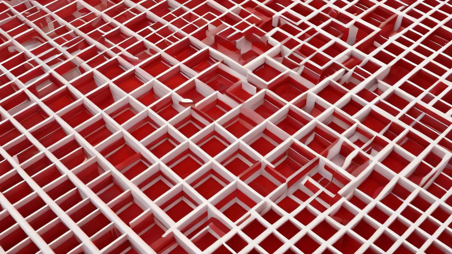 An abstract representation of organized geometric patterns in bright red and white colors creating a structured grid-like formation viewed from a 45-degree angle high-quality ultra-realistic cinematic 8K UHD high resolution sharp and detail