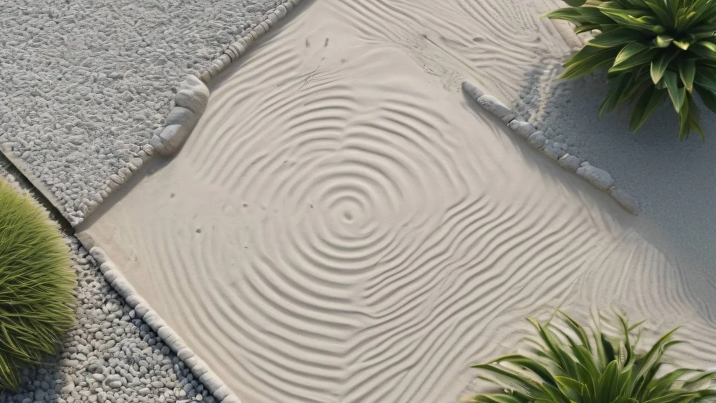 A minimalist zen garden with geometric patterns made of white sand against zinc-colored stones photographed from a bird's eye view high-quality ultra-realistic cinematic 8K UHD high resolution sharp and detail