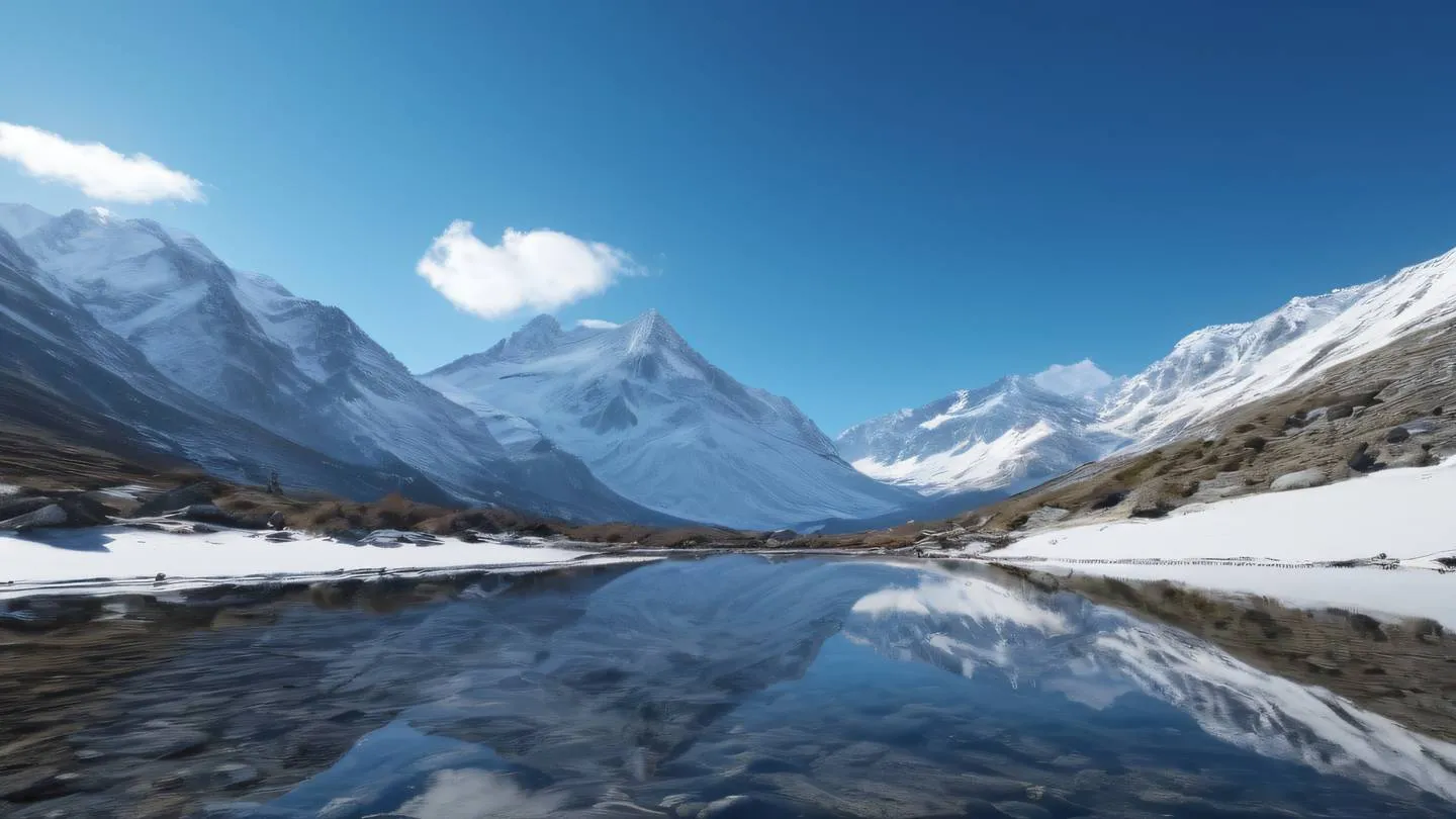 A serene mountain landscape with snow-capped peaks reflecting bright blue sky captured from a low angle perspective high-quality ultra-realistic cinematic 8K UHD high resolution sharp and detail