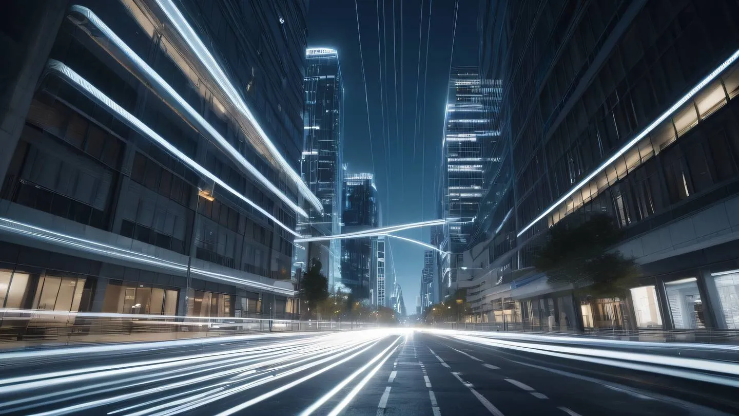 Modern cityscape with flowing data streams represented by bright zinc and white light trails weaving between buildings shot from a low angle perspective high-quality ultra-realistic cinematic 8K UHD high resolution sharp and detail