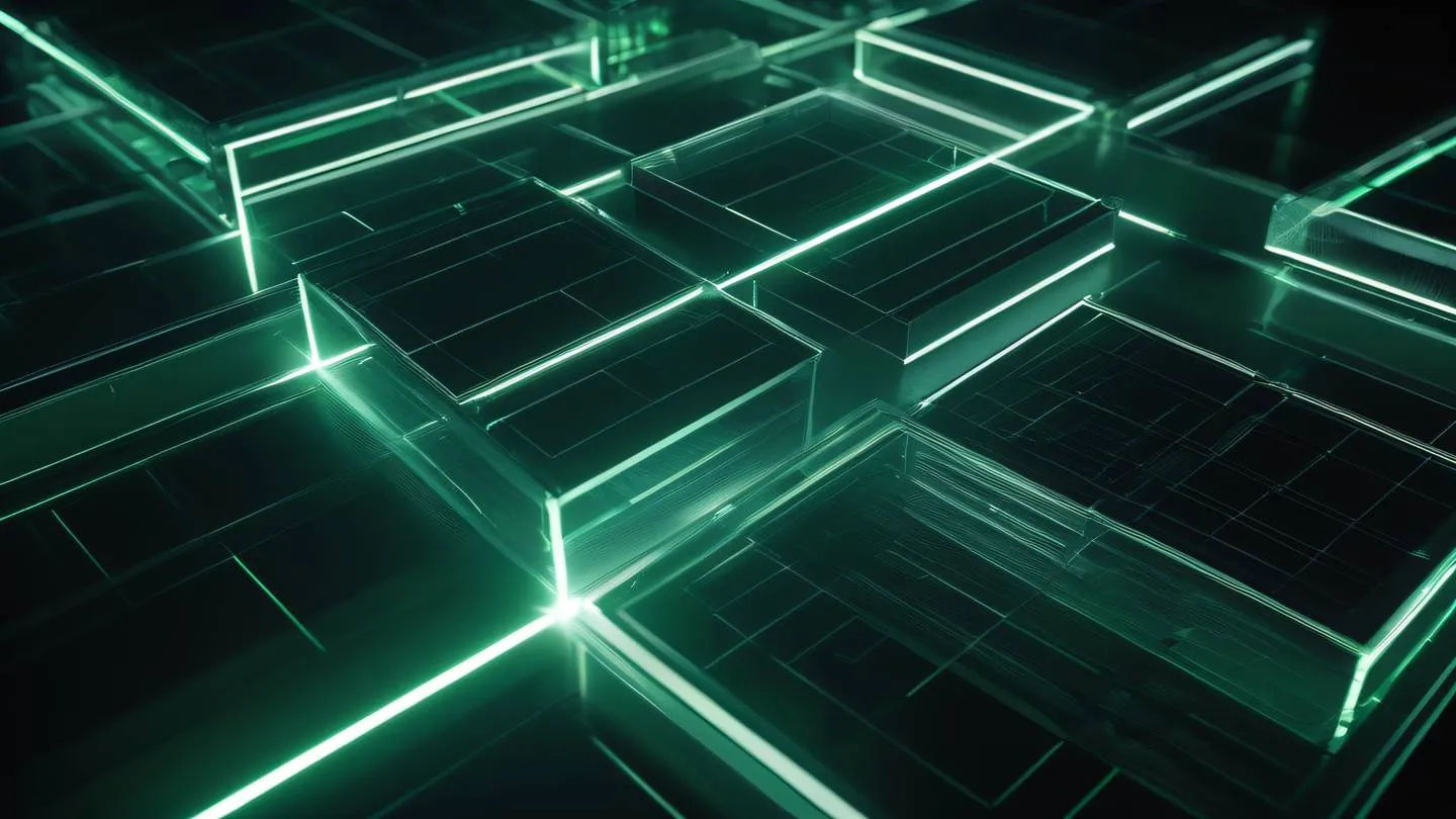 Geometric etched glass structures floating in zero gravity with whisper white and neon green accents cutting through dark space high-quality ultra-realistic cinematic 8K UHD high resolution bird's eye view looking down at the formation