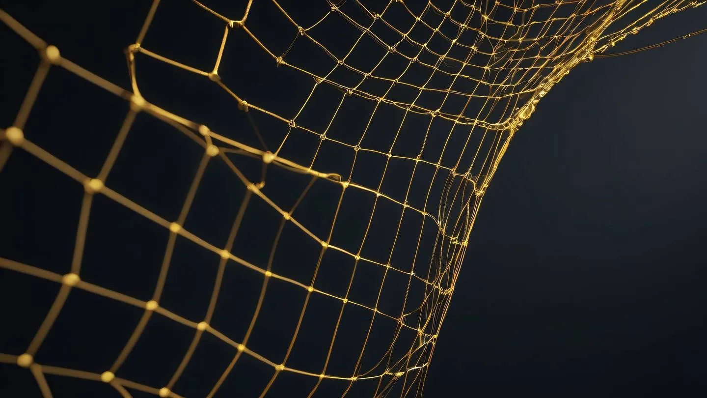 A minimalist abstract representation of a safety net made of glowing interconnected golden threads capturing falling geometric shapes shot from a 45-degree angle above high-quality ultra-realistic cinematic 8K UHD high resolution sharp and detail