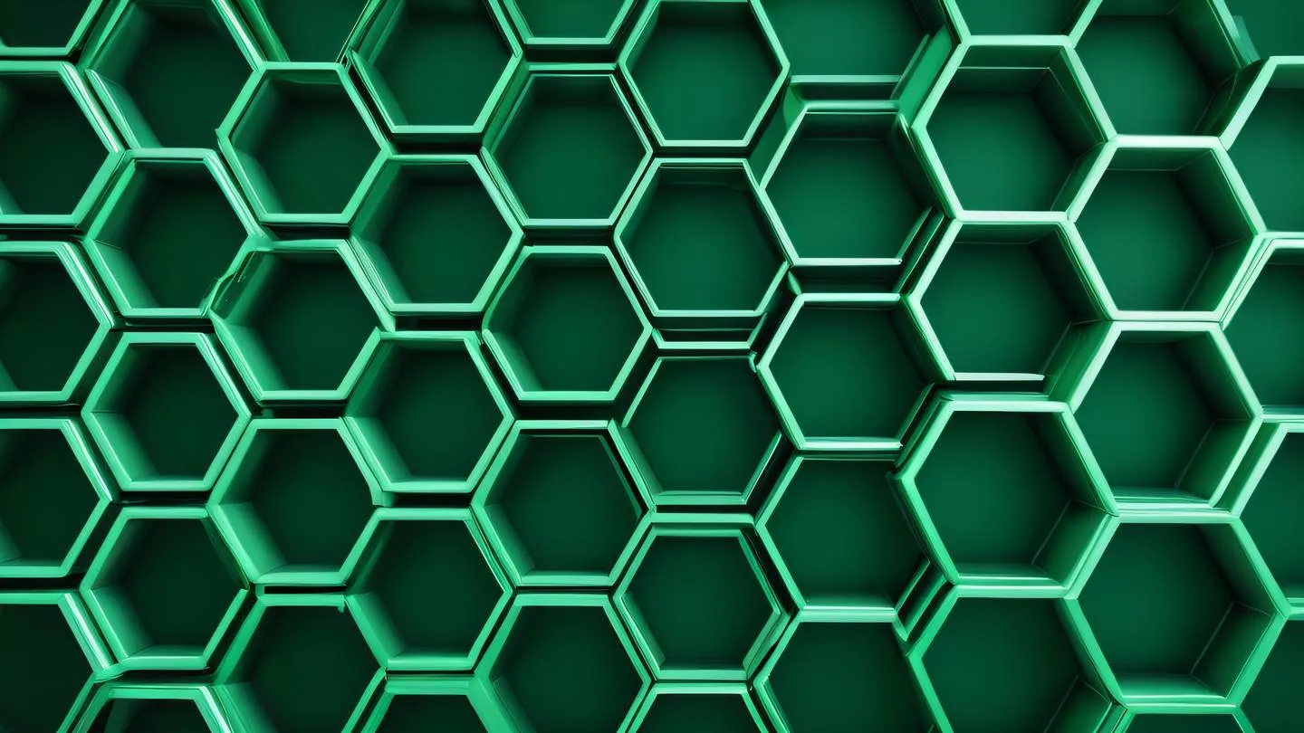 Abstract geometric pattern showing interlocking emerald green hexagons with flowing lines between them representing system connectivity captured from a top-down perspective high-quality ultra-realistic cinematic 8K UHD high resolution sharp and detail