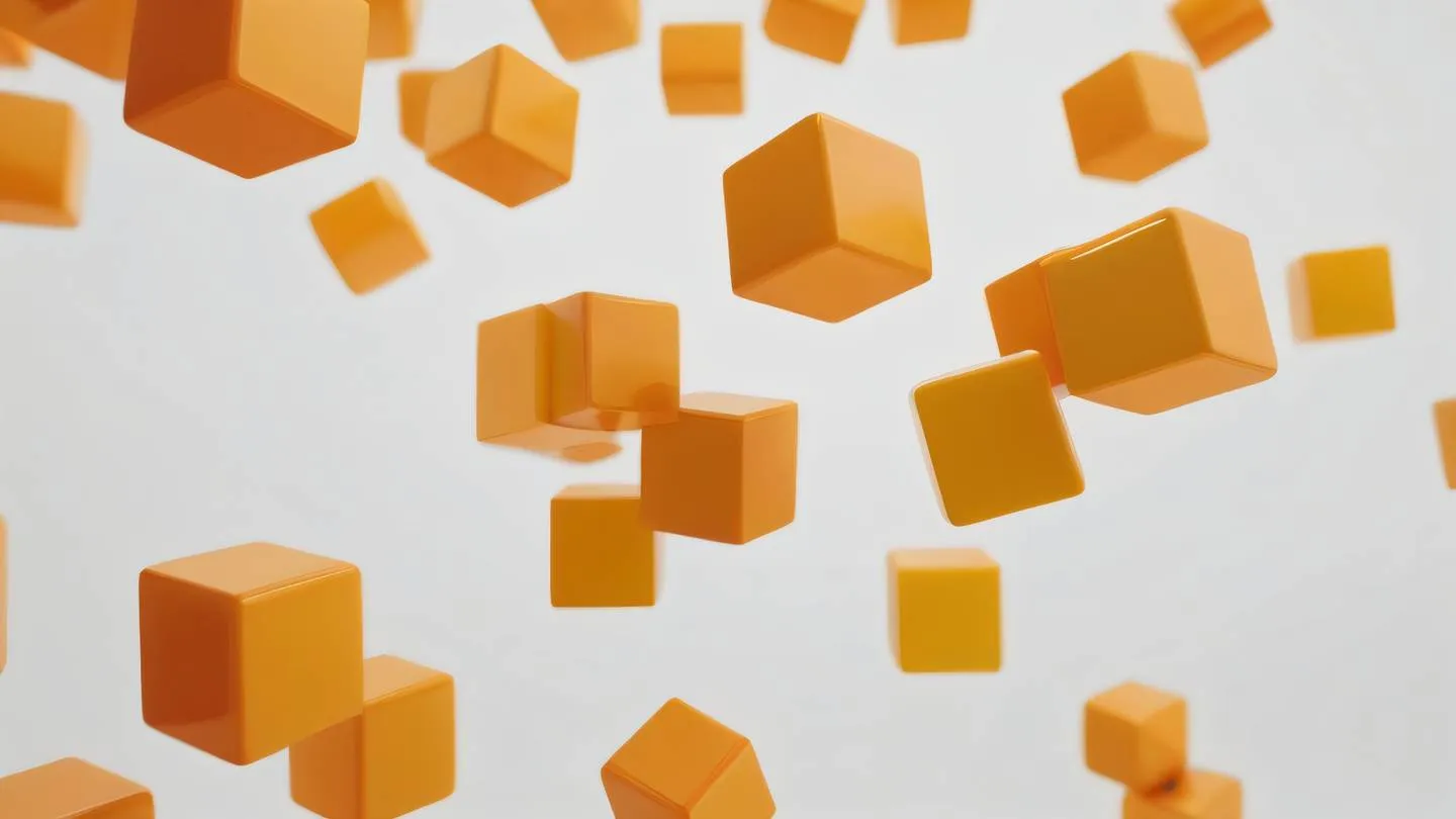 A bright composition of floating warm-colored cubes and spheres in a structured pattern against a light background representing organized chaos shot from a Dutch angle high-quality ultra-realistic cinematic 8K UHD high resolution sharp and detail