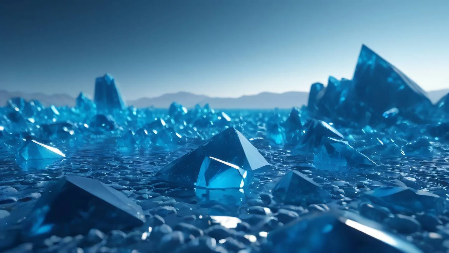 A serene landscape of neon blue crystalline structures emerging from a smooth surface representing stability and order viewed from a ground-level perspective high-quality ultra-realistic cinematic 8K UHD high resolution sharp and detail