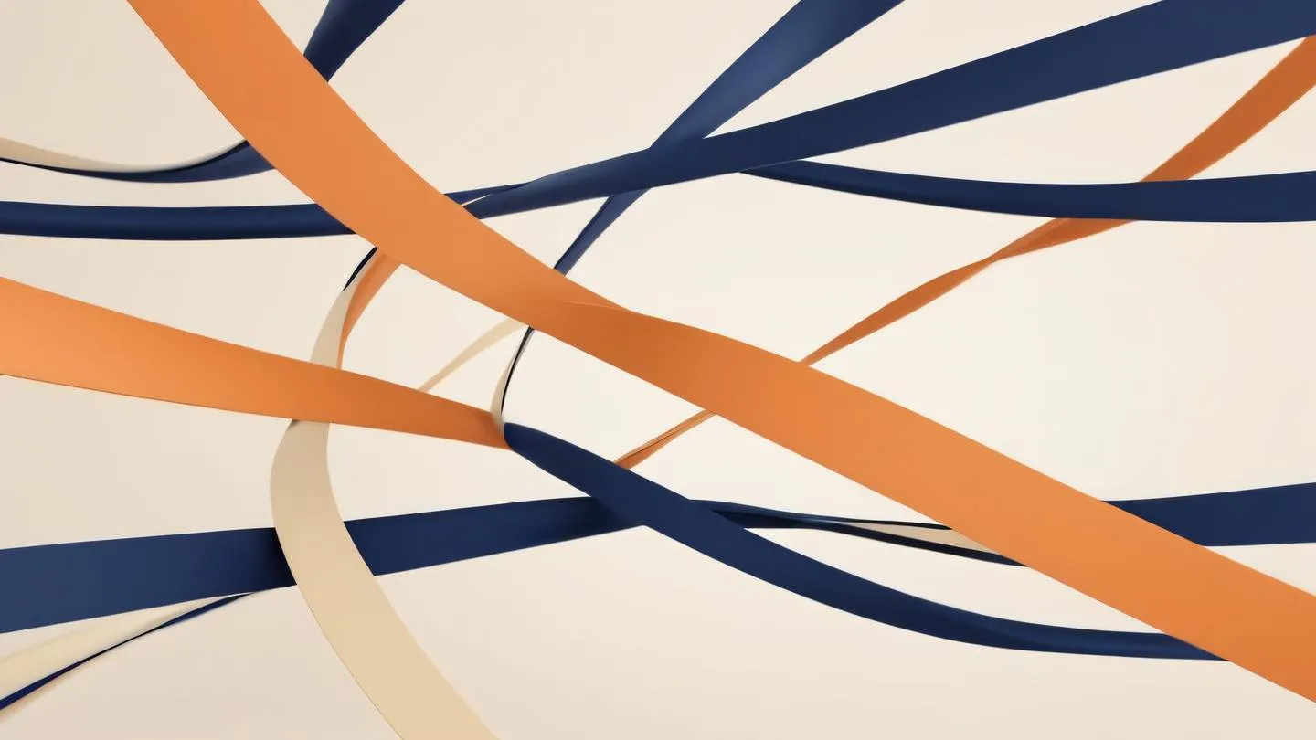 A minimalist abstract composition featuring interweaving ribbons flowing like network connections rendered in navy blue and salmon-orange tones against a cream background. Shot from a top-down perspective ultra-realistic cinematic 8K UHD high resolution sharp and detailed