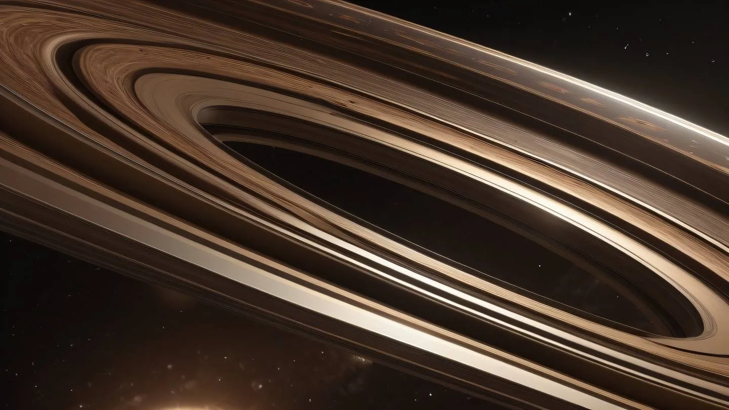 Abstract planetary rings composed of crystalline structures featuring umber and walnut colors with iron accents. Viewed from a diagonal perspective high-quality ultra-realistic cinematic 8K UHD high resolution sharp and detailed