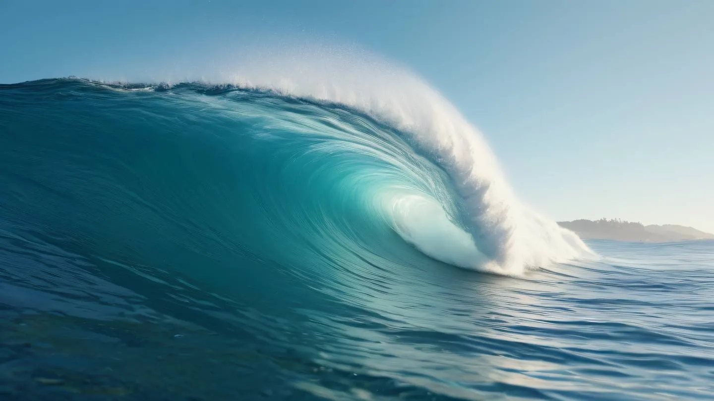 A serene ocean wave with crystalline water in natural aqua tones against a bright sky photographed from a side angle capturing the wave's curve and momentum high-quality ultra-realistic cinematic 8K UHD high resolution sharp and detail