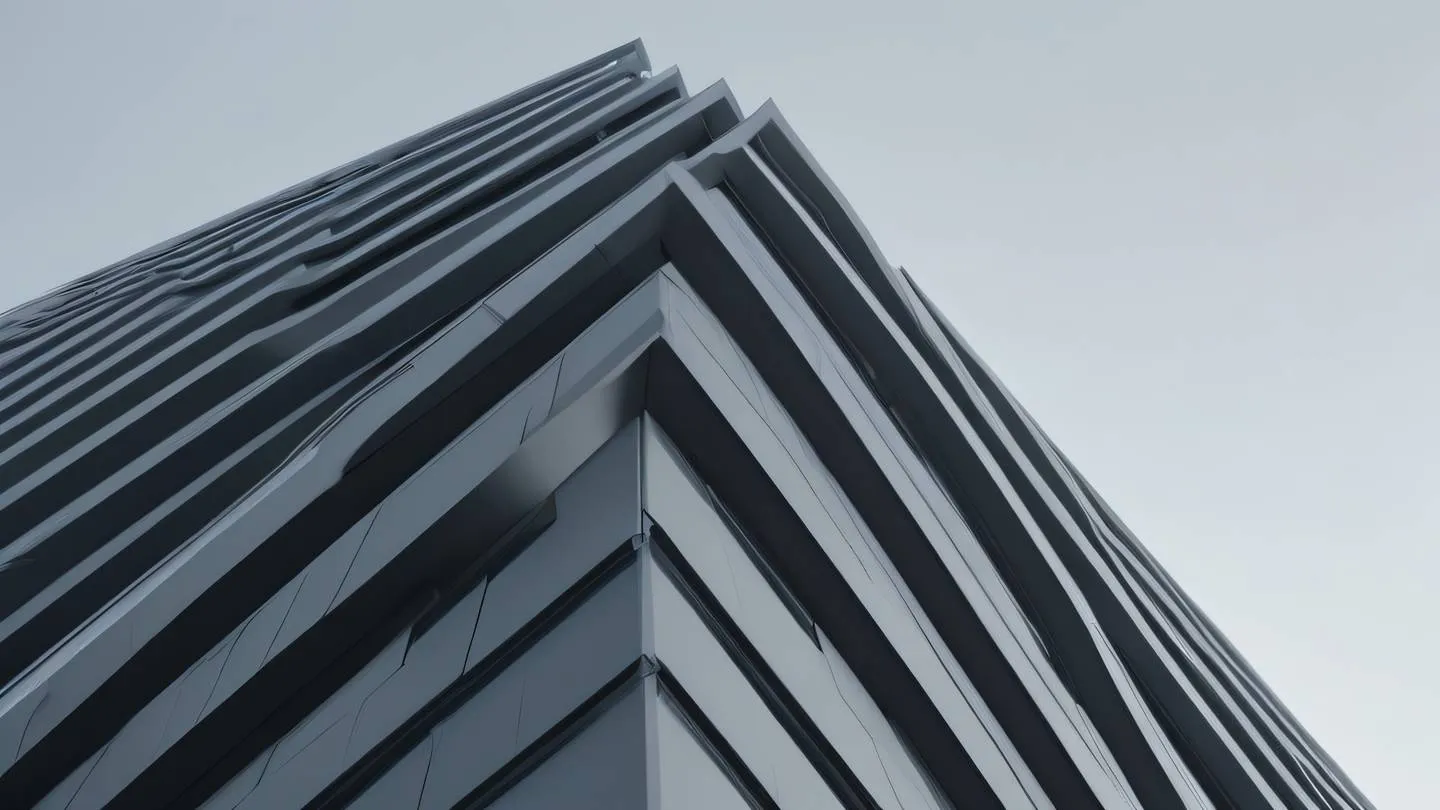 An abstract architectural structure with clean geometric lines in minimal modern grey tones viewed from a dramatic upward angle representing strength and efficiency high-quality ultra-realistic cinematic 8K UHD high resolution sharp and detail