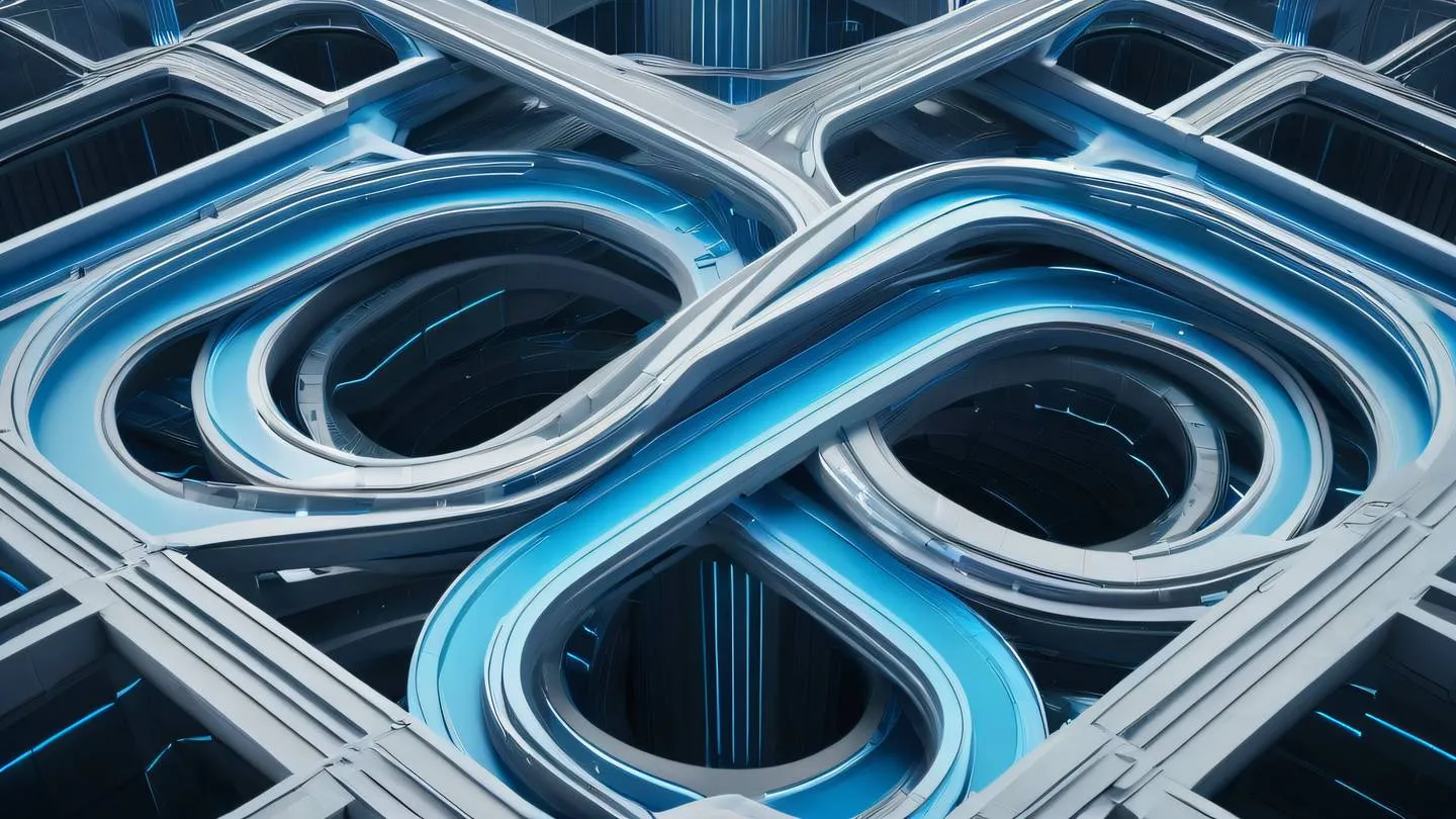 A modern abstract architecture of interconnected geometric shapes representing database connections featuring flowing lines and curves in bright blue and concrete colors symmetrical composition shot from isometric angle high-quality ultra-realistic cinematic 8K UHD high resolution sharp and detail