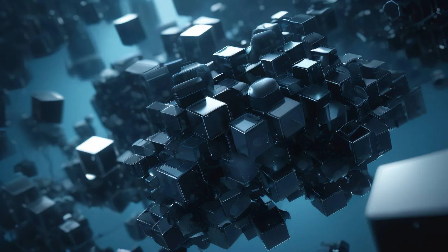 Dynamic abstract composition of interconnected cubes and spheres symbolizing database architecture dusty blue and black colors with bright highlights captured from a low angle perspective high-quality ultra-realistic cinematic 8K UHD high resolution sharp and detail