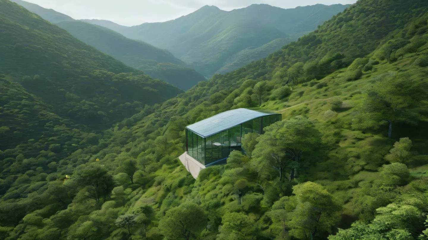 A serene mountain landscape with rolling hills covered in lush vegetation featuring a modern glass structure seamlessly integrated into nature. The scene is painted in rich emerald greens and golden yellows. Wide angle landscape shot from hillside perspective. high-quality ultra-realistic cinematic 8K UHD high resolution sharp and detail