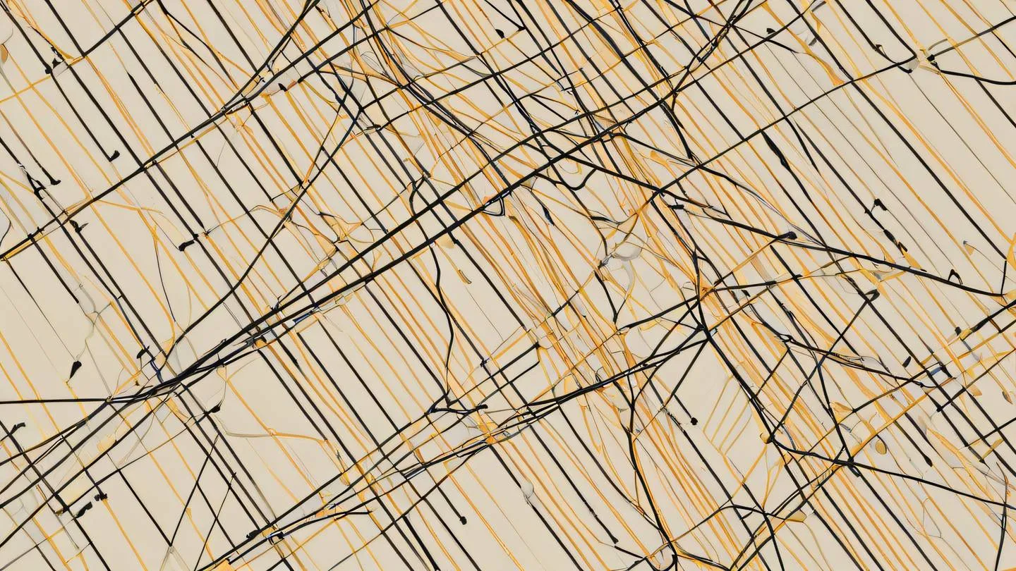 Abstract geometric pattern representing network routing paths and connections featuring bright amber and black colored lines intersecting on a neutral background floating in space captured from top-down perspective high-quality ultra-realistic cinematic 8K UHD high resolution sharp and detail