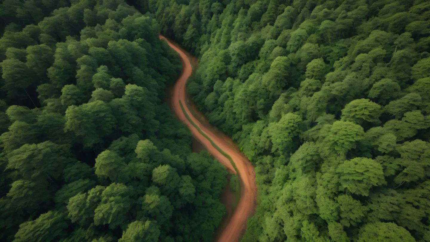 Minimalist abstract pathway through a lush forest landscape dominant forest green and rustic terracotta colors meandering path leading to horizon shot from aerial perspective high-quality ultra-realistic cinematic 8K UHD high resolution sharp and detail