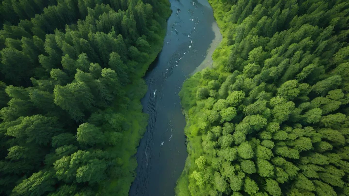 Flowing river system viewed from above branching into multiple streams featuring bright lime and forest green colors natural patterns in water flow bird's eye perspective high-quality ultra-realistic cinematic 8K UHD high resolution sharp and detail