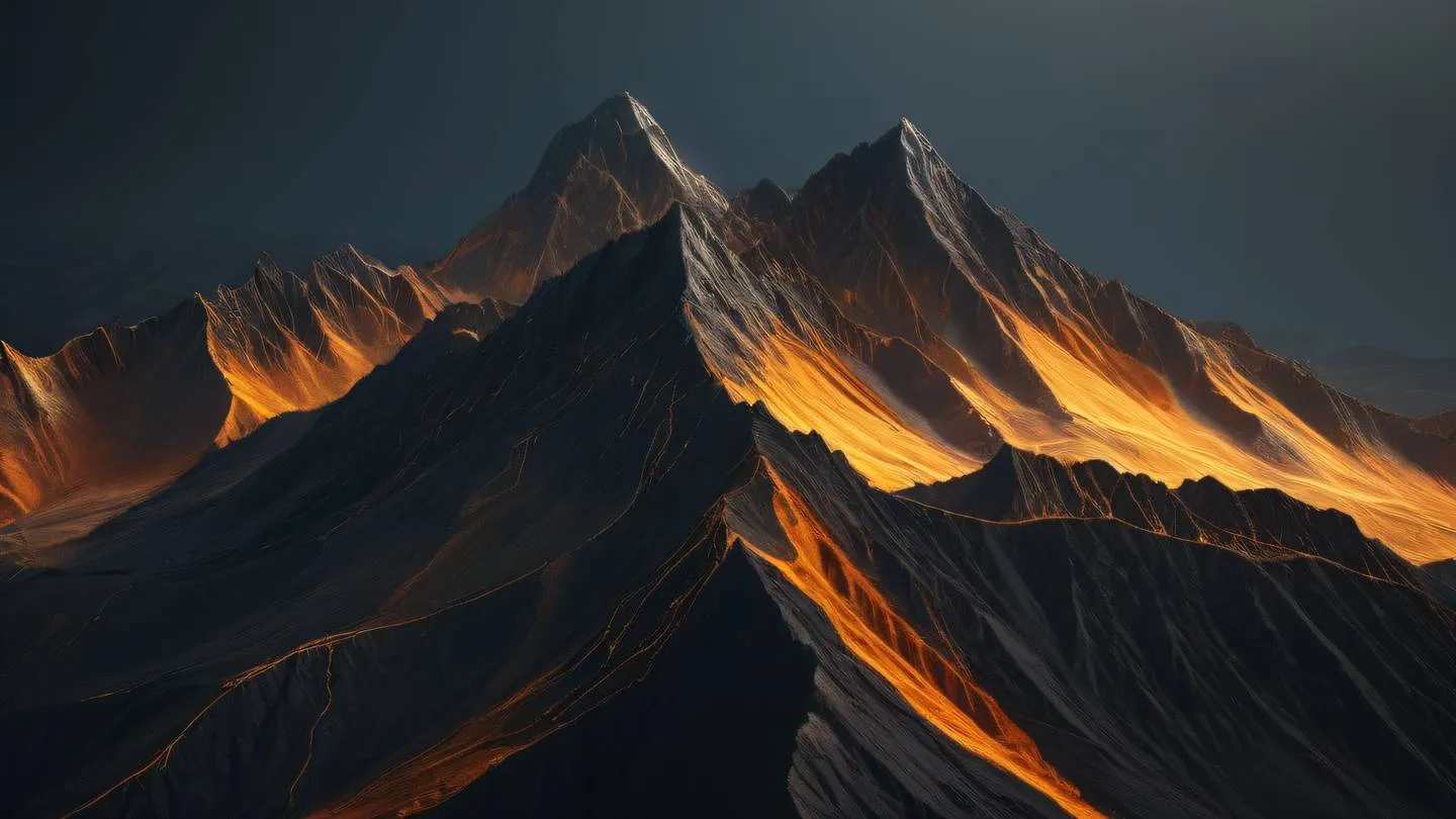 Abstract mountain ranges with interconnected peaks featuring bright amber and black gradients geometric patterns in mountain formation dramatic side angle perspective high-quality ultra-realistic cinematic 8K UHD high resolution sharp and detail