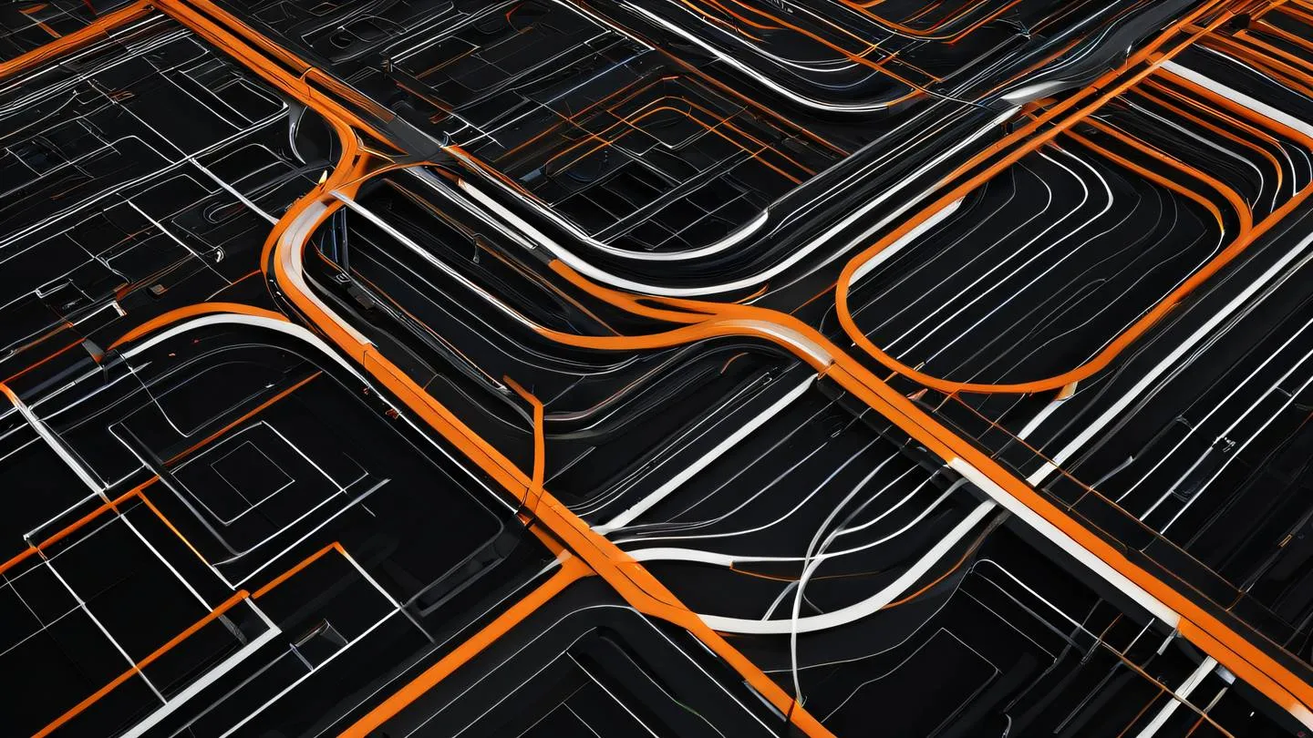 A modern abstract interpretation of data flow featuring interconnected geometric shapes and flowing lines in bright orange and white against a black background capturing the essence of middleware architecture shot from top-down perspective high-quality ultra-realistic cinematic 8K UHD high resolution sharp and detail