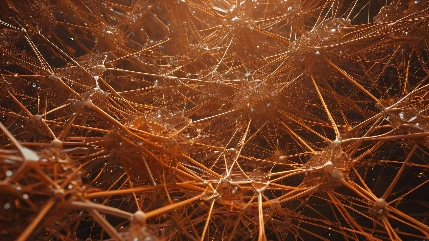 Futuristic network of crystalline structures in natural earthy tones and bright orange suggesting a complex system of interconnected nodes viewed from a low angle perspective high-quality ultra-realistic cinematic 8K UHD high resolution sharp and detail