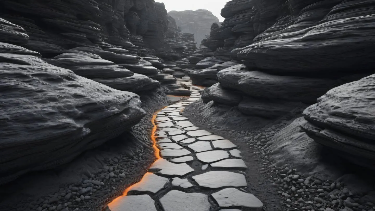 Stone formations creating natural pathways and connections in black and white tones with subtle orange highlights representing the flow of data through different processing stages captured from a wide-angle perspective high-quality ultra-realistic cinematic 8K UHD high resolution sharp and detail