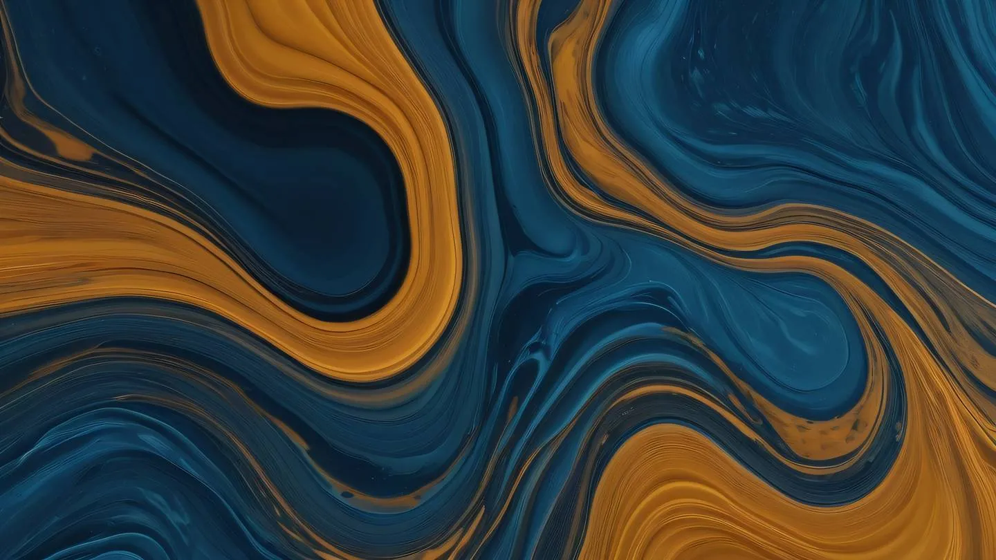 Abstract fluid dynamics visualization showing smooth flowing streams of bright ochre and breezeway blue liquids merging and separating against a dark background captured from a top-down perspective high-quality ultra-realistic cinematic 8K UHD high resolution sharp and detail