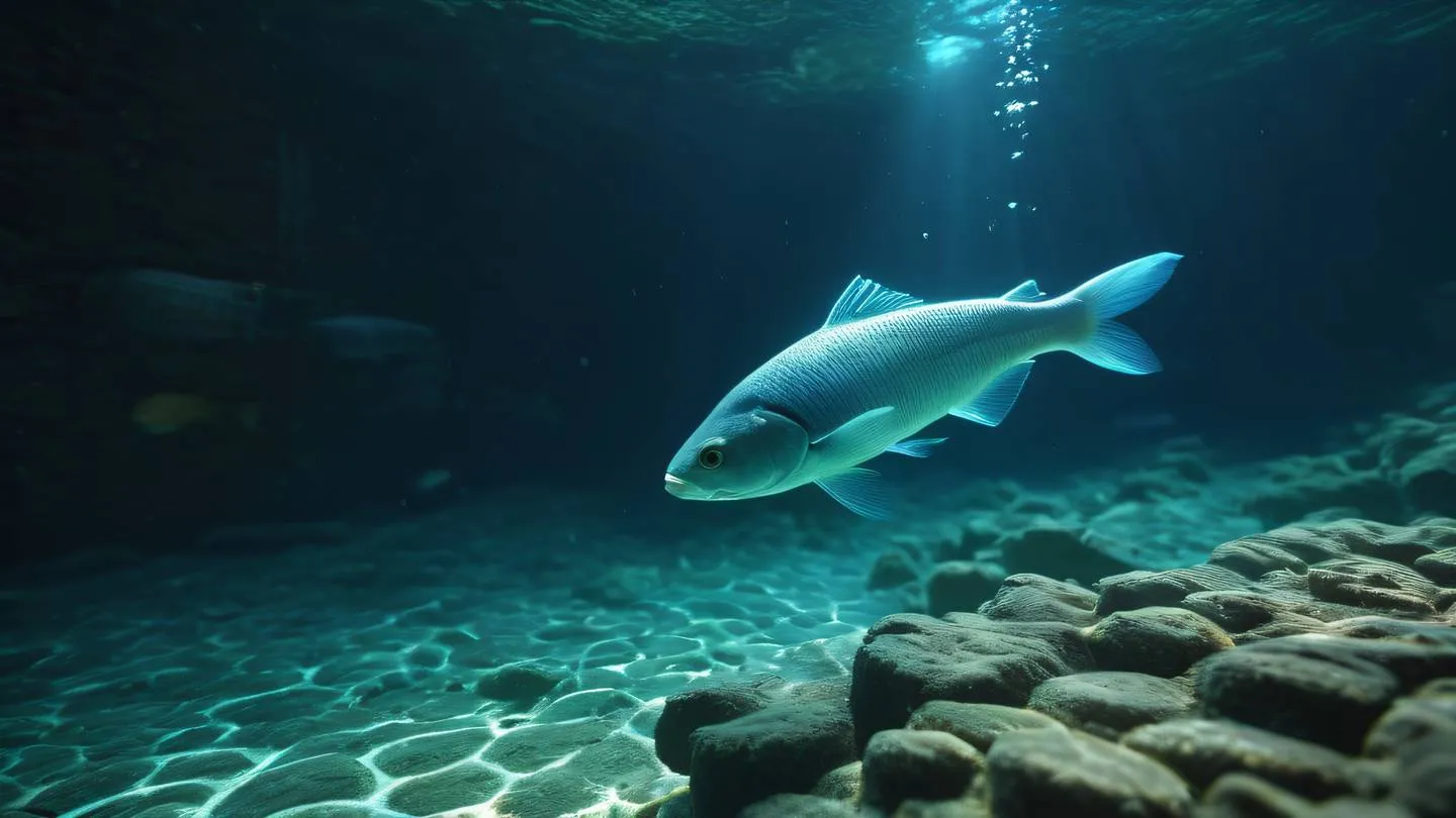 Ethereal underwater scene with bioluminescent fish swimming through streams of etched glass colored and sun-washed brick colored light photographed from a diagonal angle high-quality ultra-realistic cinematic 8K UHD high resolution sharp and detail