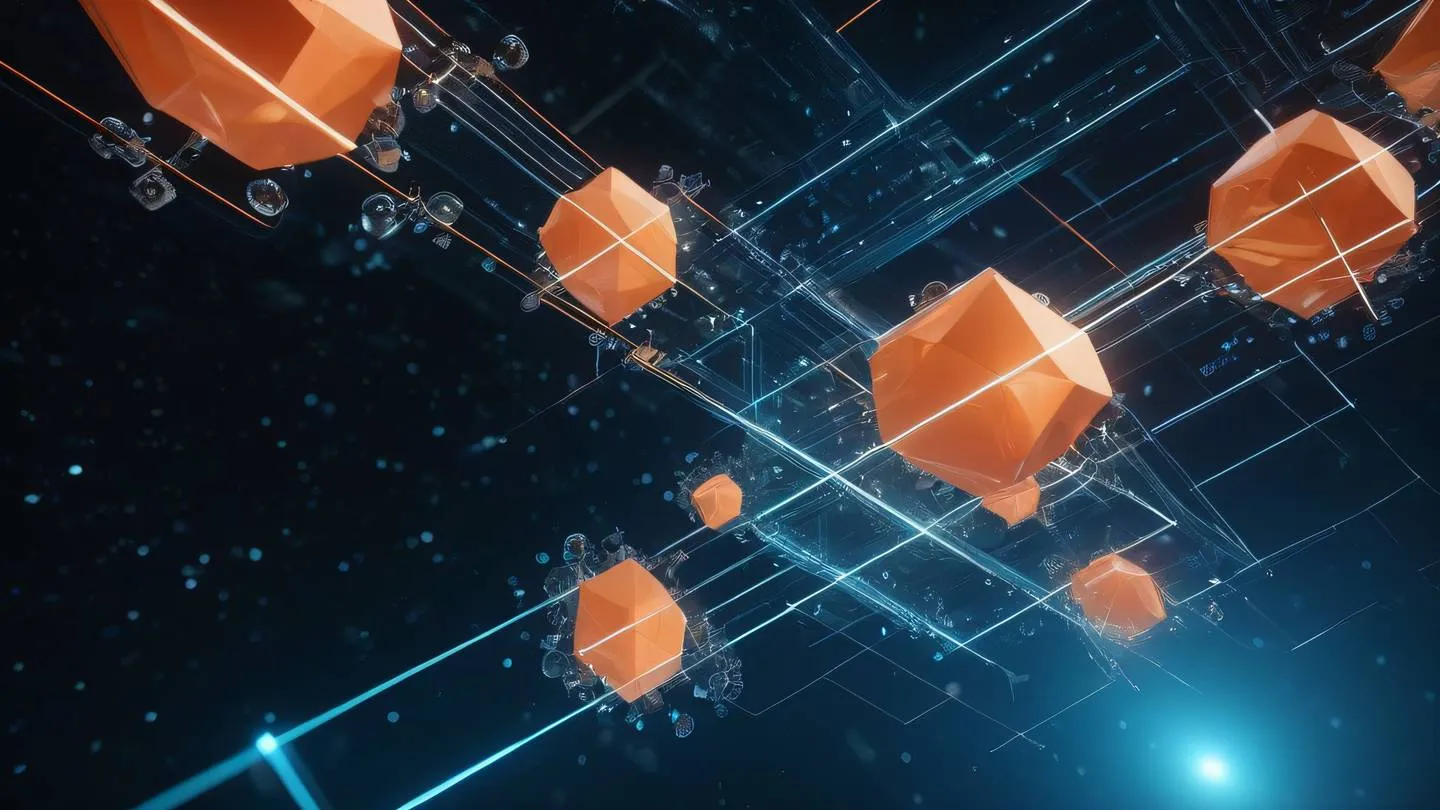 An abstract geometric representation of database architecture with interconnected crystalline structures floating in space featuring baby blue and salmon-orange gradients. Ultra-realistic cinematic lighting 8K resolution sharp details. Camera angle: wide shot with slight upward tilt showing floating elements against a dark backdrop