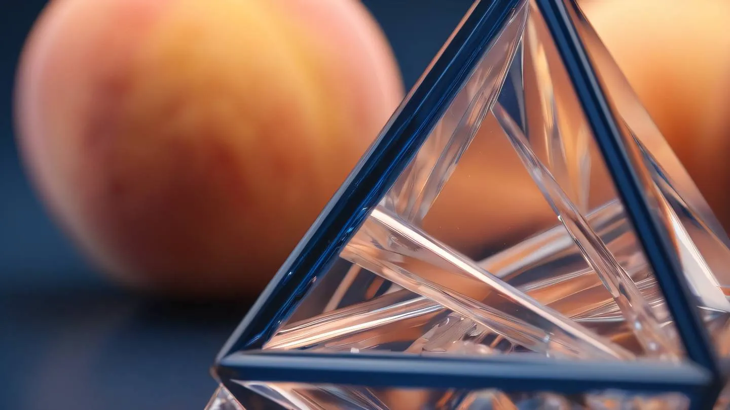 A close-up macro shot of a perfect geometric crystal structure with internal refractions dominated by peach and navy blue colors. Shot from a 45-degree angle with shallow depth of field. High-quality ultra-realistic 8K sharp detail