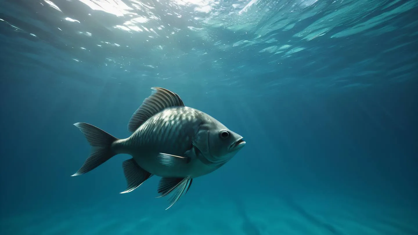 An ethereal underwater scene with abstract geometric fish forms swimming through crystal-clear waters featuring walnut and iron color gradients. Photographed from below looking upward. Cinematic quality ultra-realistic 8K UHD