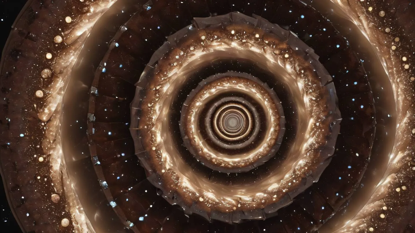 A top-down view of a spiral galaxy formation made of interconnected crystal structures featuring rich brown and mahogany with cream accents. Ultra-realistic cinematic lighting 8K resolution captured from directly above looking down