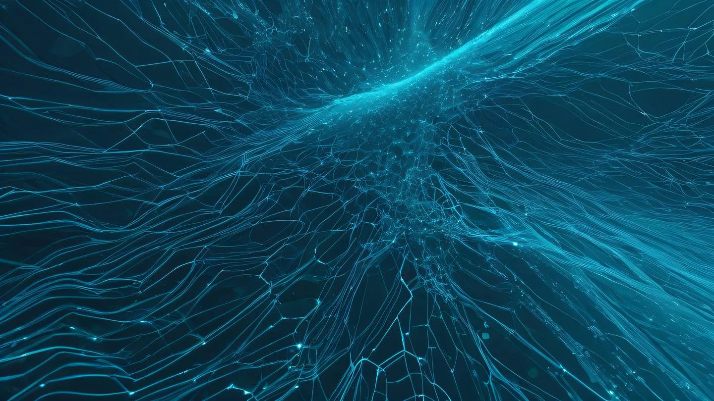 An abstract representation of debugging process with geometric shapes and flowing lines featuring bright aqua blue and white colors against a deep ocean blue background sharp crystalline formations suggesting data structures shot from a top-down perspective high-quality ultra-realistic cinematic 8K UHD high resolution sharp and detail