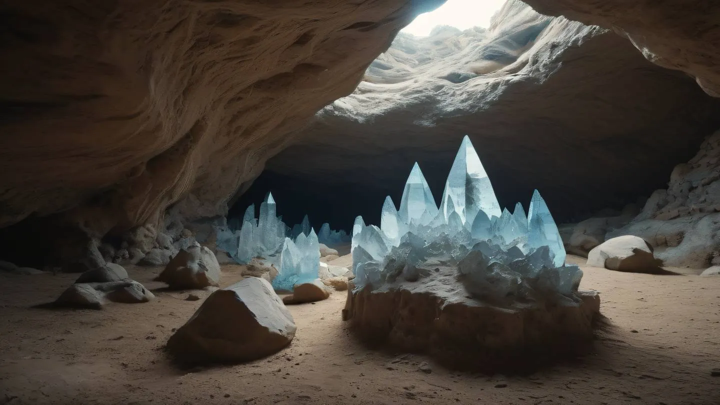 Geometric crystal formations in natural cave setting featuring clay and earth tones with subtle blue accents shot from an upward angle perspective capturing the formations against natural light high-quality ultra-realistic cinematic 8K UHD high resolution sharp and detail